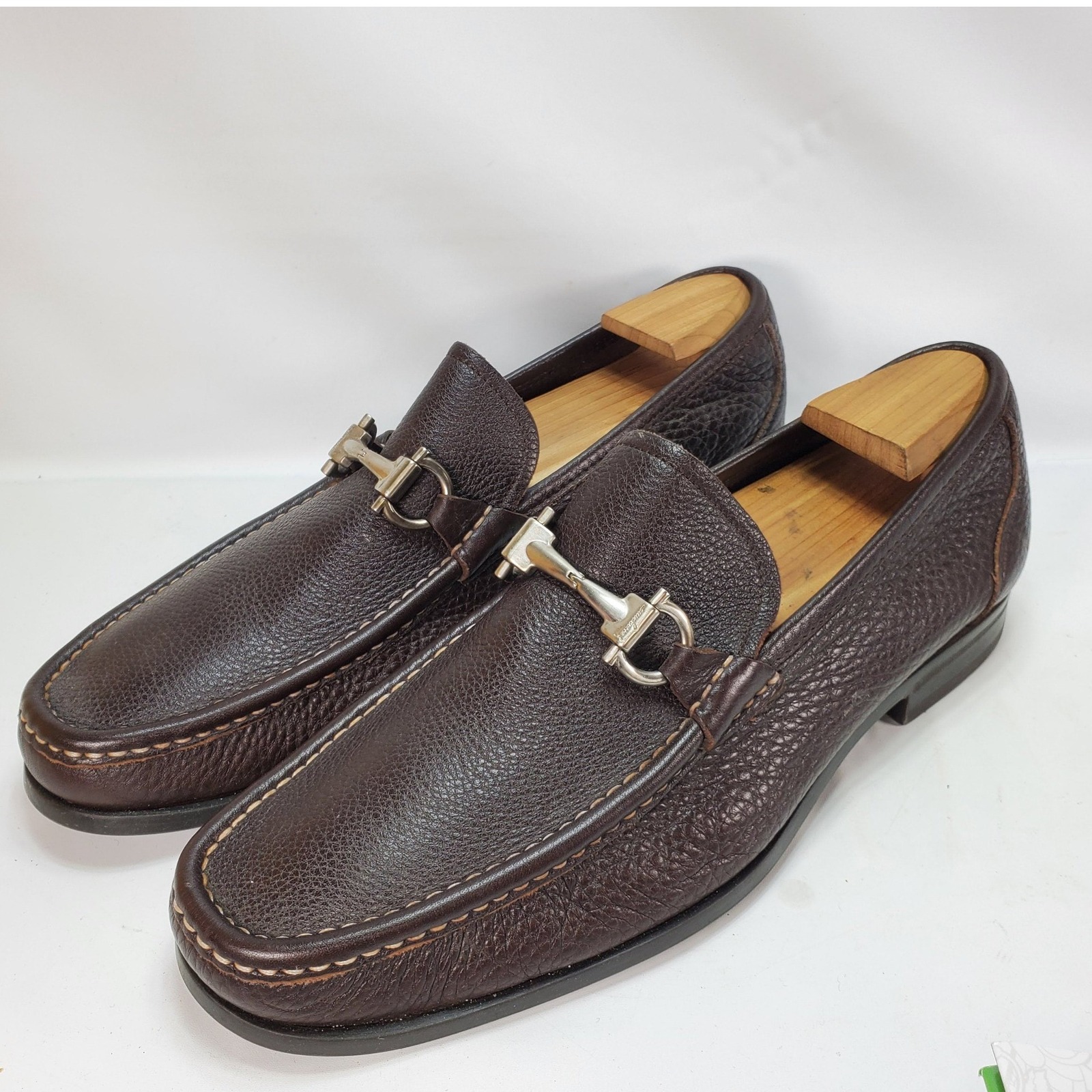Salvatore Ferragamo Loafers Men 8.5 Eee Brown Gancini Bit Pebbled Leather Horse